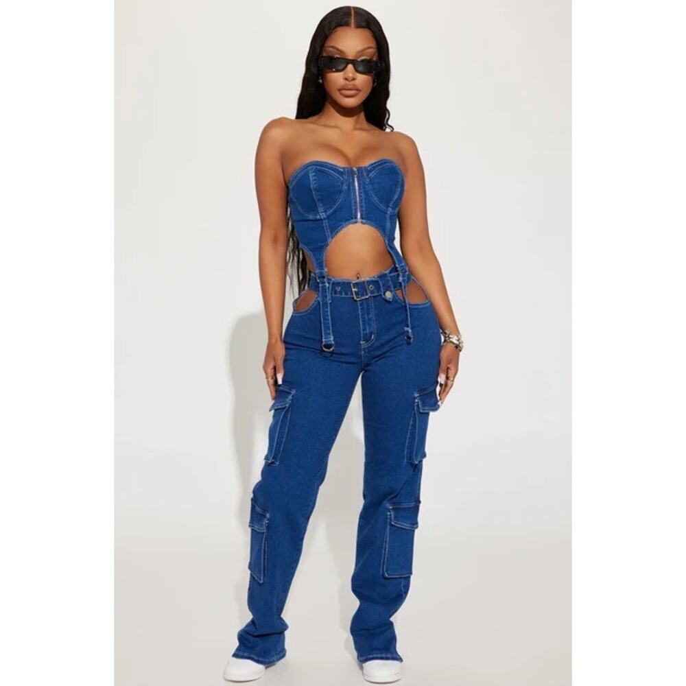Fashion Nova Denim Corset Top DarkWash size large